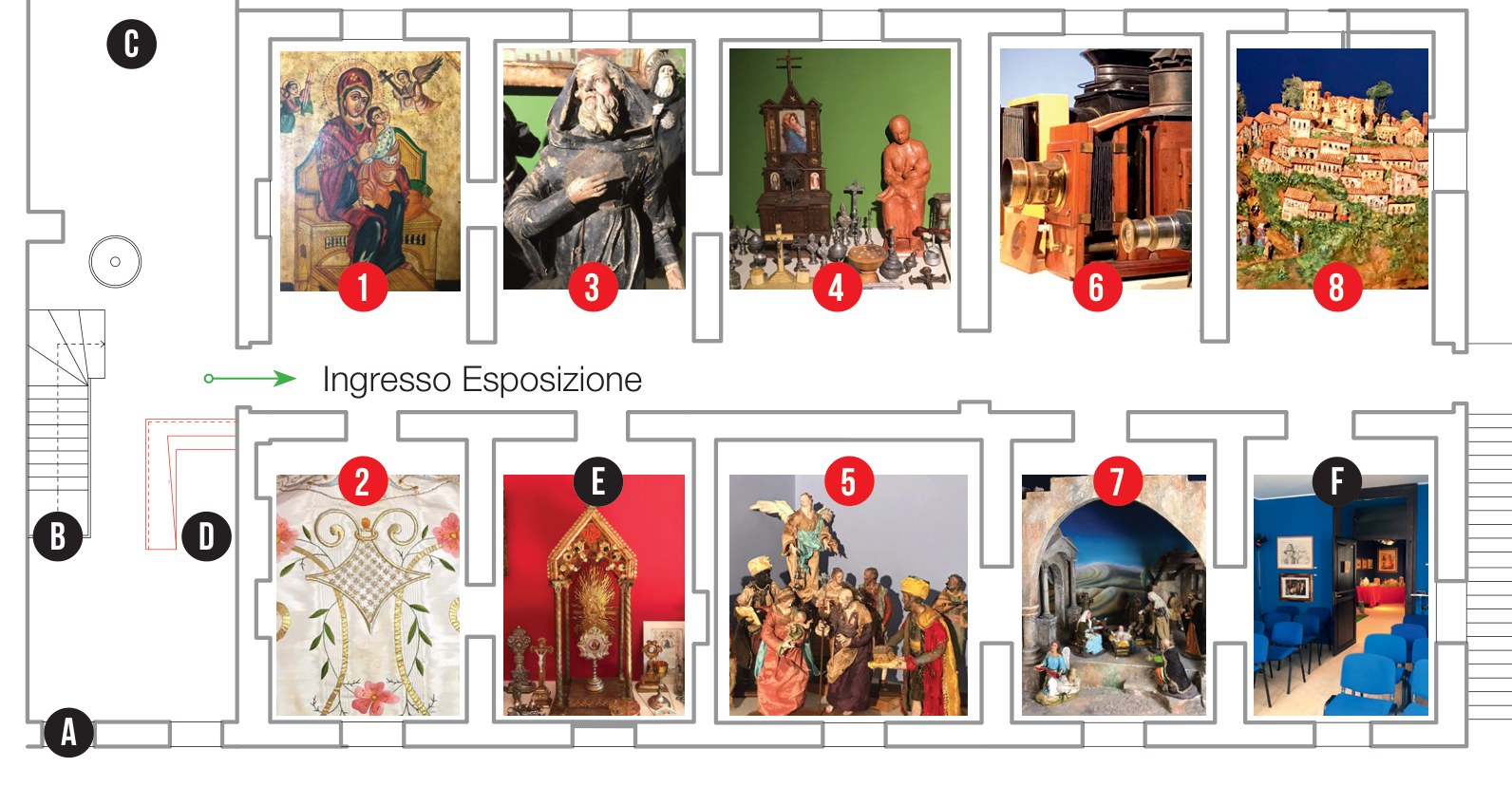 Planimetria del primo piano di Palazzo Passerini con le sale numerate da 1 a 8, la sala E e gli spazi A–F